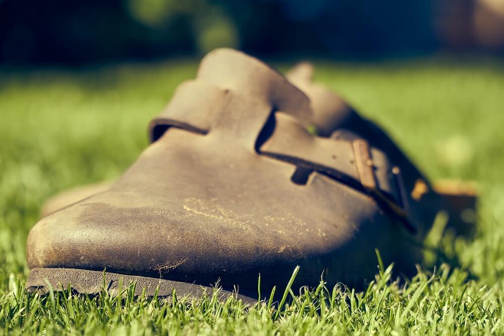 An old Birkenstock Boston shoe in mocca leather