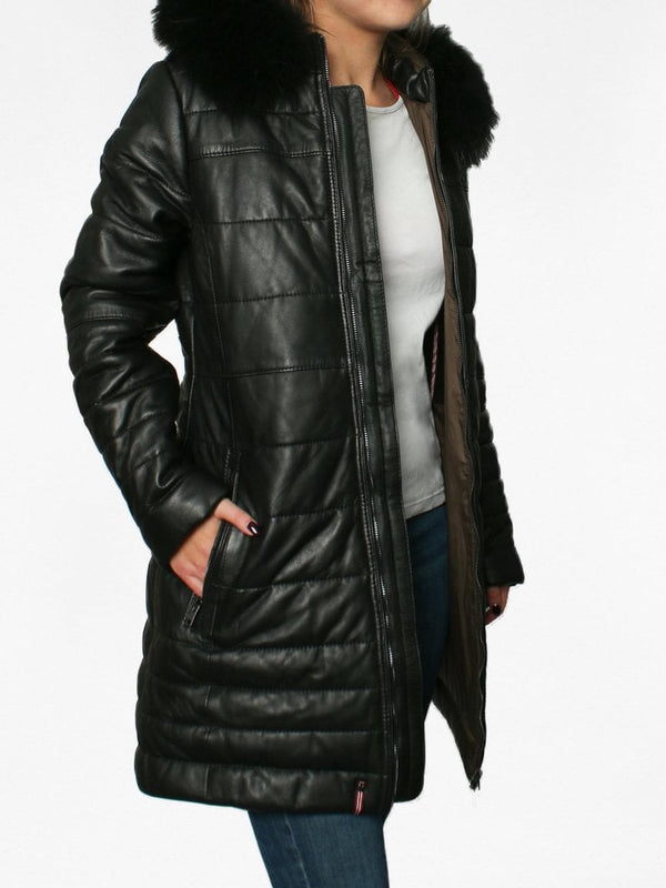Mary Luxe Black Leather Long Line Quilted Jacket