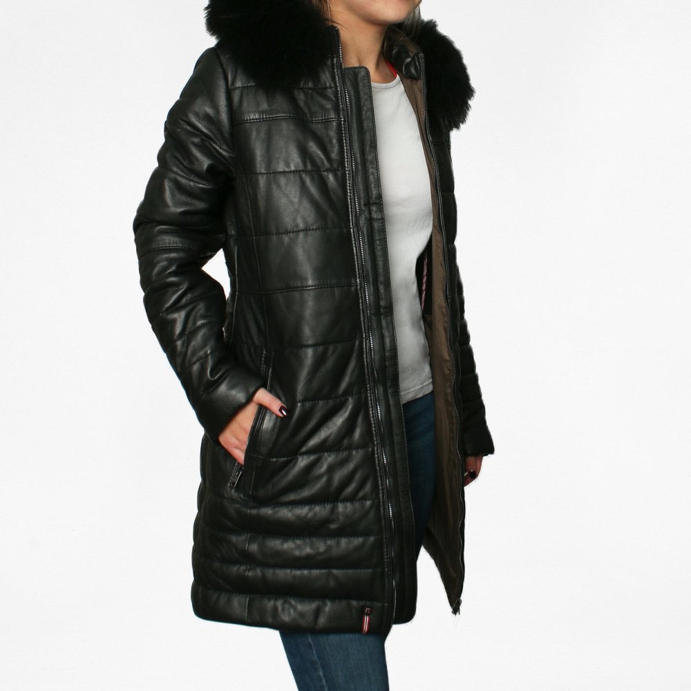 Mary Luxe Black Leather Long Line Quilted Jacket