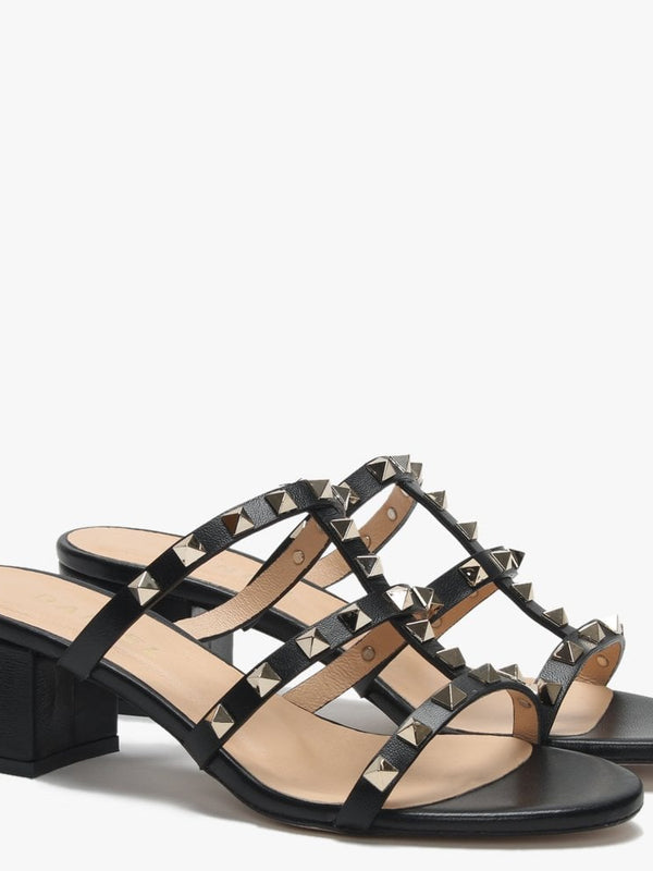 Studder Black Leather Embellished Block Heeled Mules