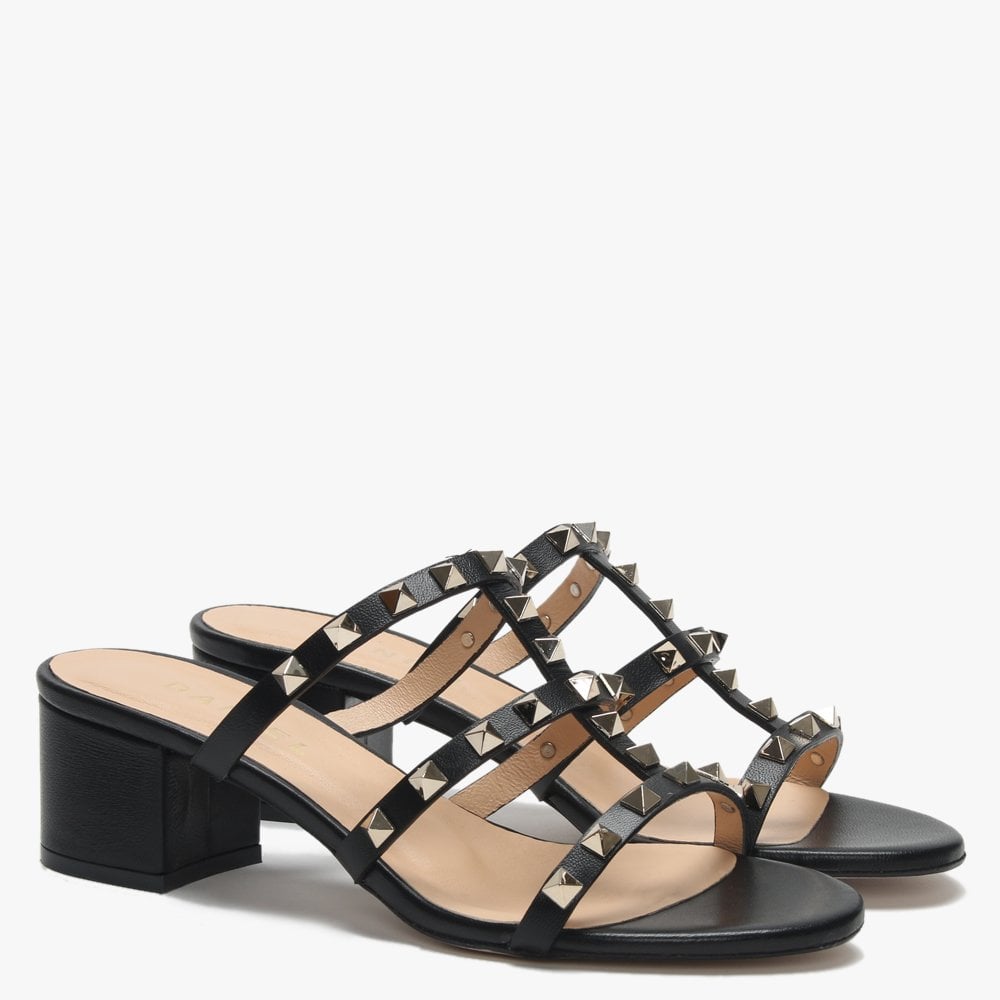 Studder Black Leather Embellished Block Heeled Mules