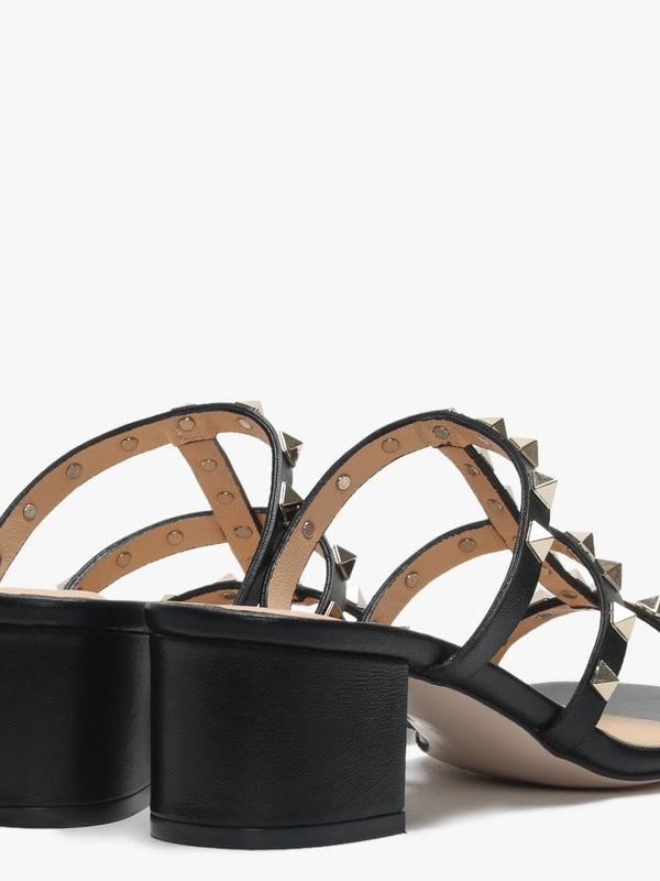 Studder Black Leather Embellished Block Heeled Mules