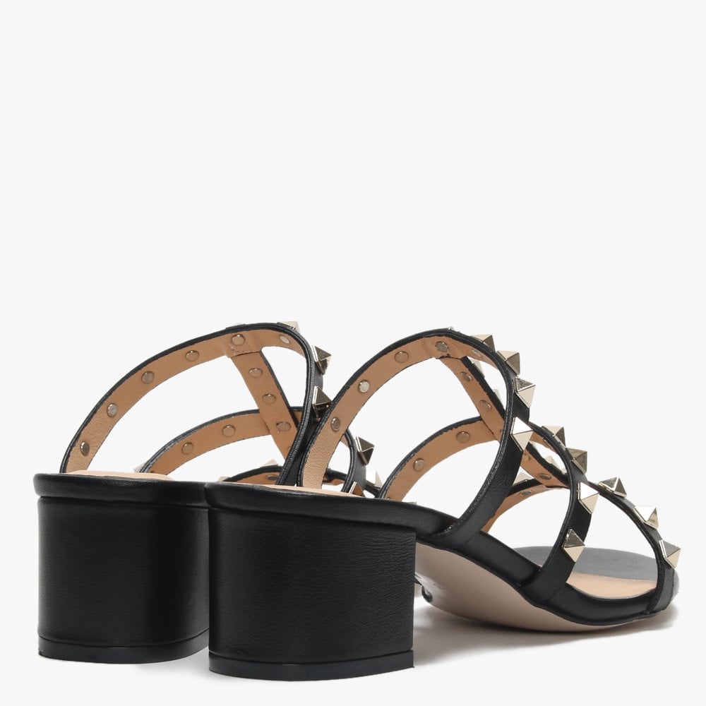 Studder Black Leather Embellished Block Heeled Mules