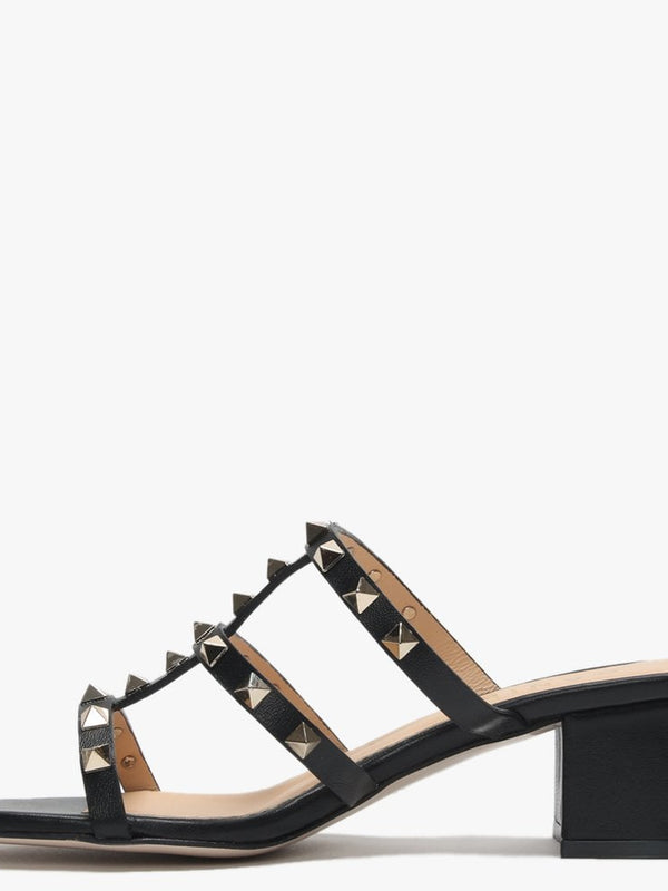 Studder Black Leather Embellished Block Heeled Mules