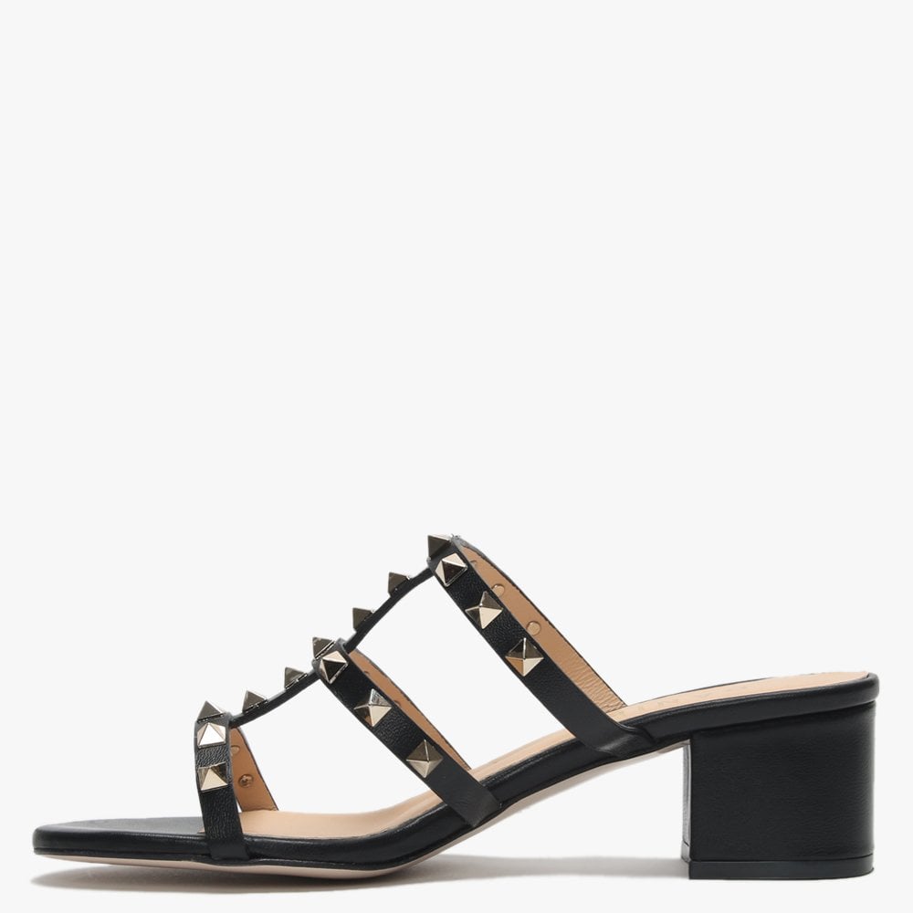 Studder Black Leather Embellished Block Heeled Mules
