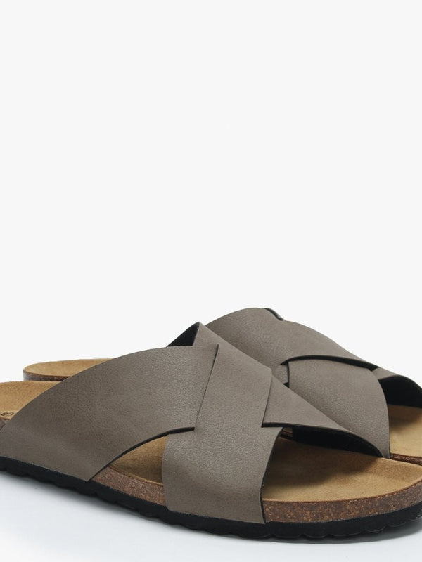 Mandel Taupe Cross Strap Sliders