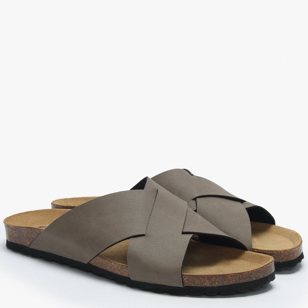 Mandel Taupe Cross Strap Sliders