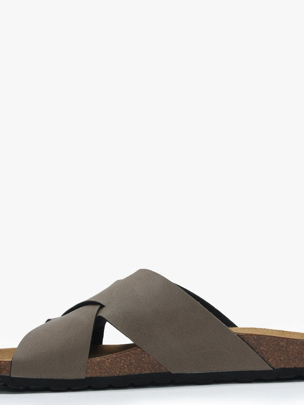 Mandel Taupe Cross Strap Sliders