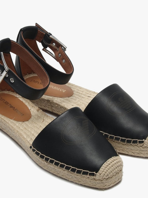 Logo Black Leather Ankle Strap Espadrilles