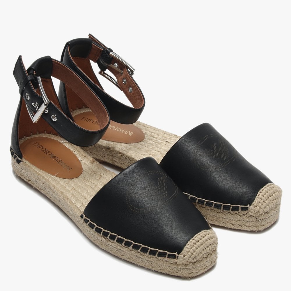 Logo Black Leather Ankle Strap Espadrilles