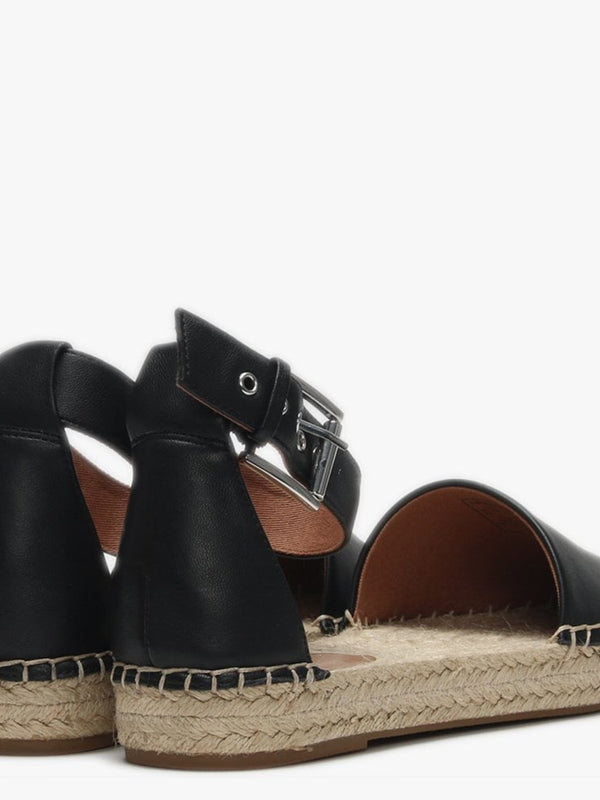 Logo Black Leather Ankle Strap Espadrilles