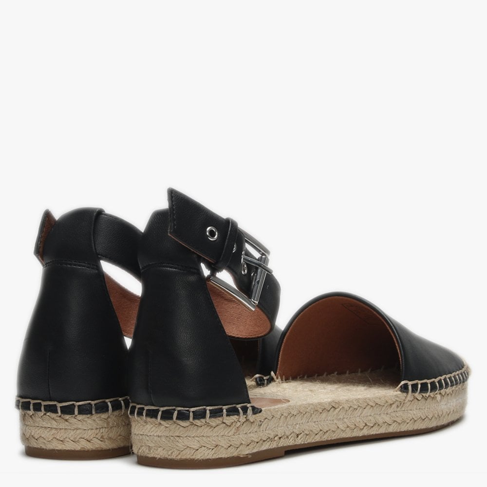 Logo Black Leather Ankle Strap Espadrilles