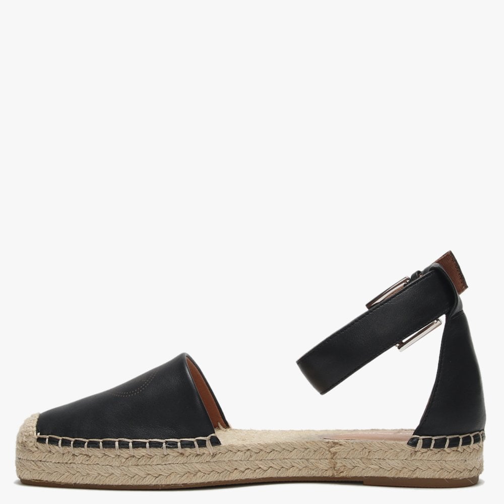 Logo Black Leather Ankle Strap Espadrilles
