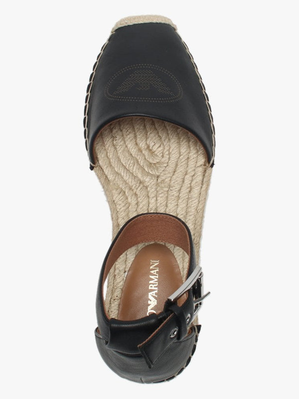 Logo Black Leather Ankle Strap Espadrilles