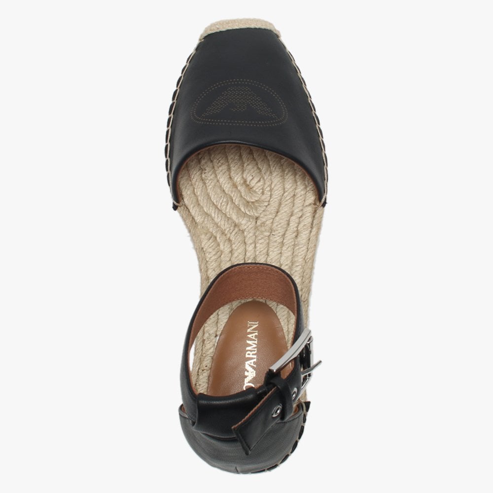 Logo Black Leather Ankle Strap Espadrilles