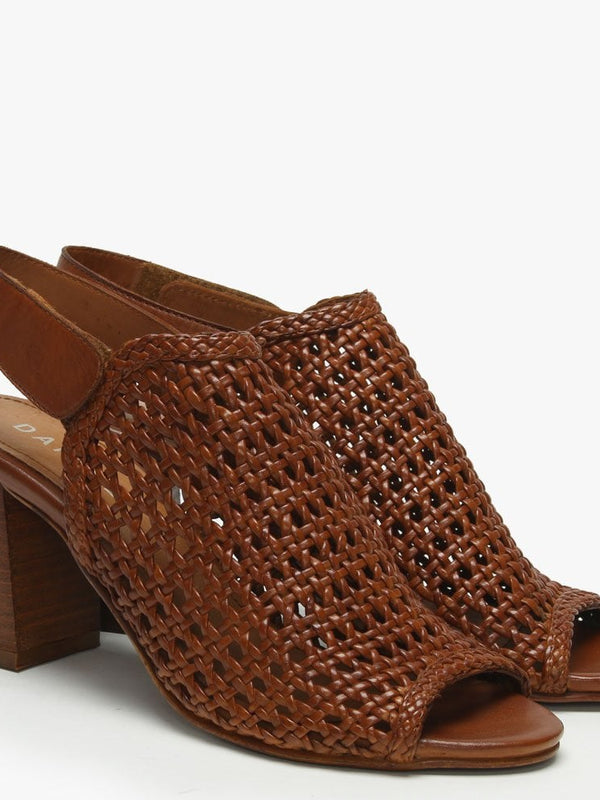 Zoina Tan Leather Woven Block Heel Sandals