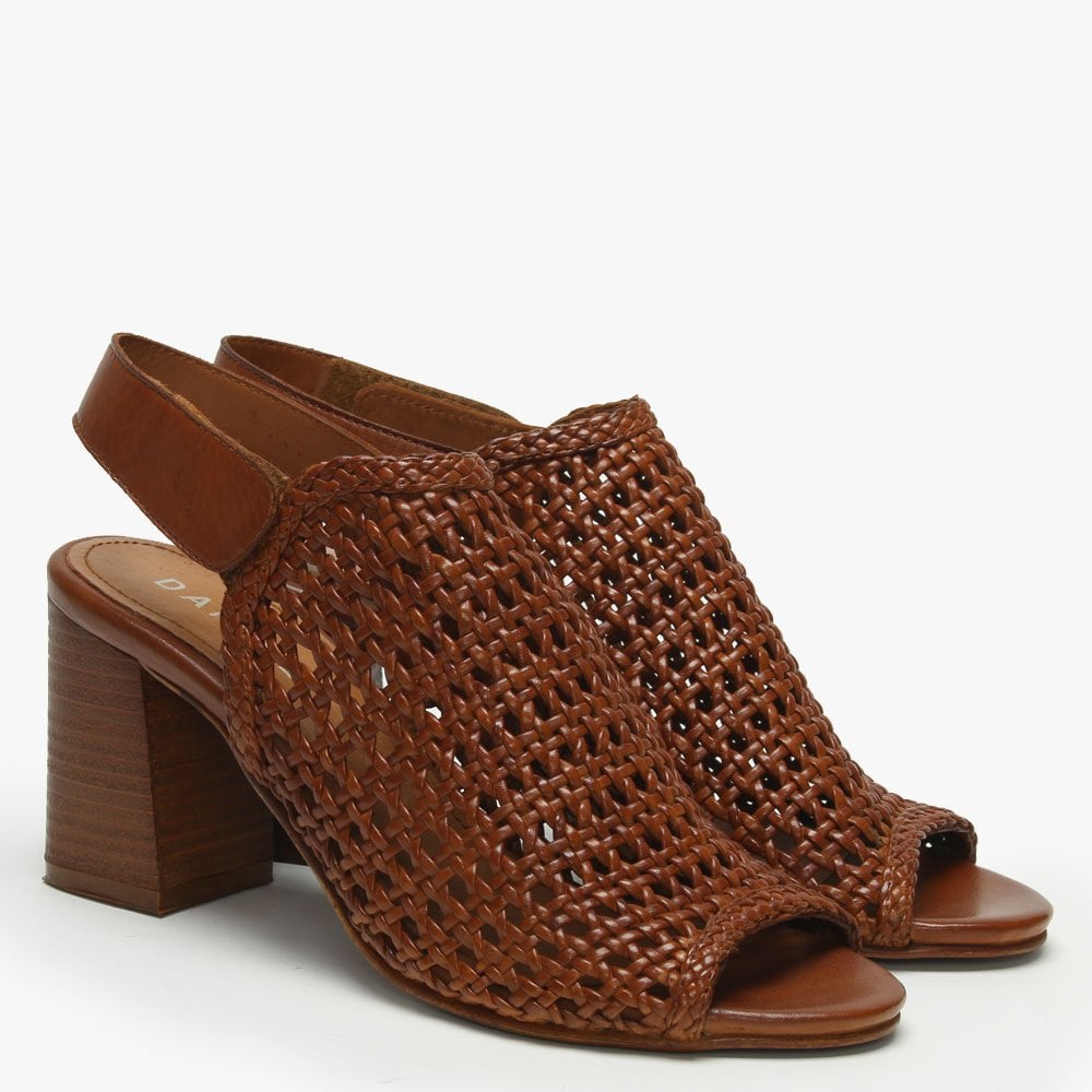 Zoina Tan Leather Woven Block Heel Sandals