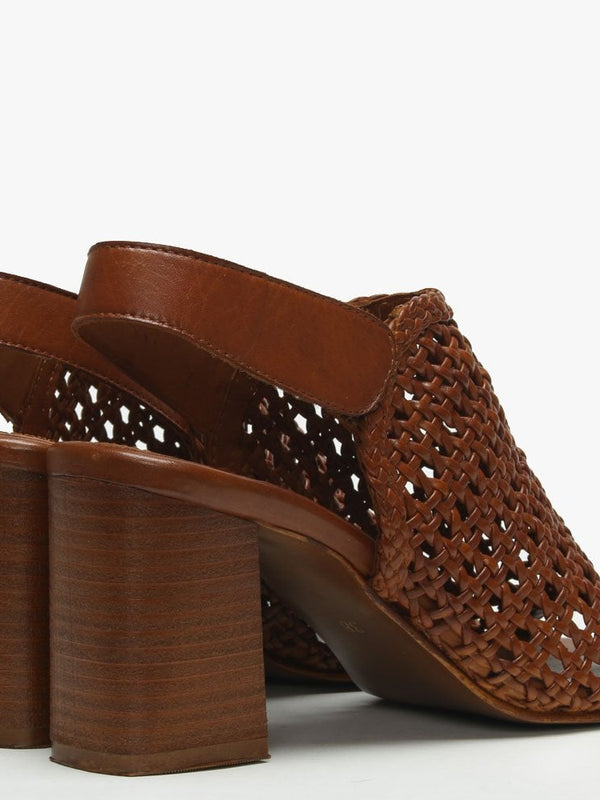 Zoina Tan Leather Woven Block Heel Sandals