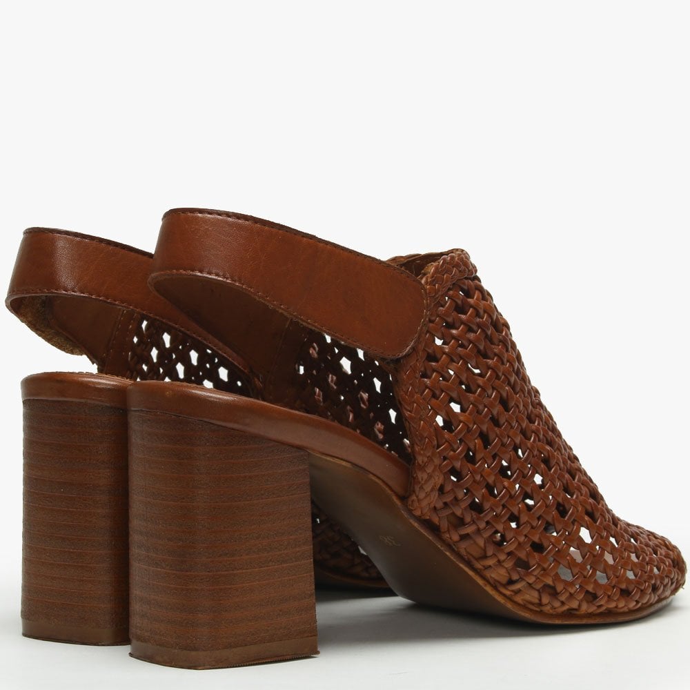 Zoina Tan Leather Woven Block Heel Sandals