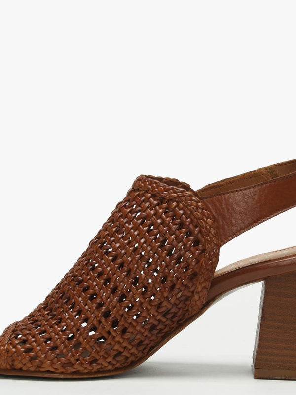 Zoina Tan Leather Woven Block Heel Sandals