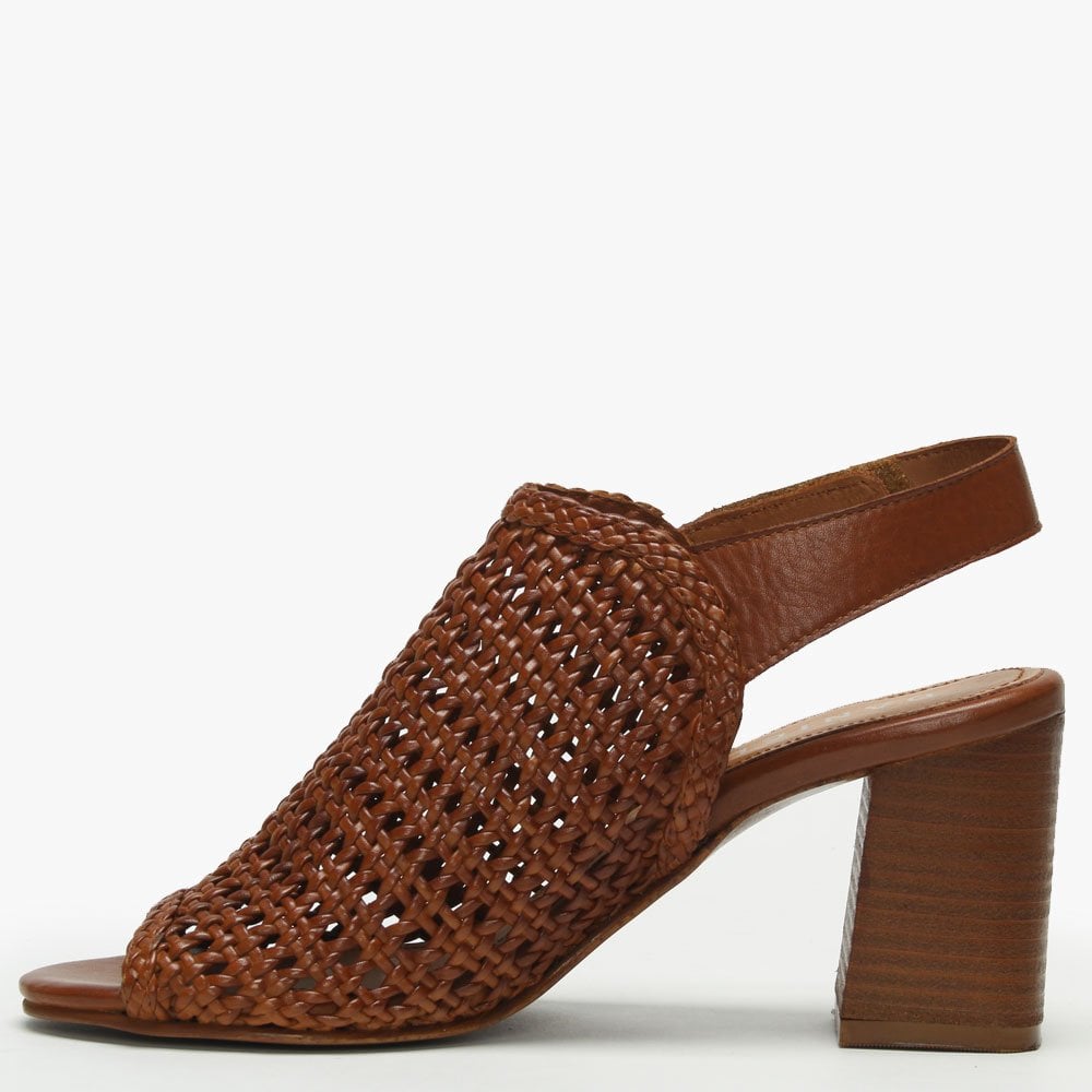 Zoina Tan Leather Woven Block Heel Sandals