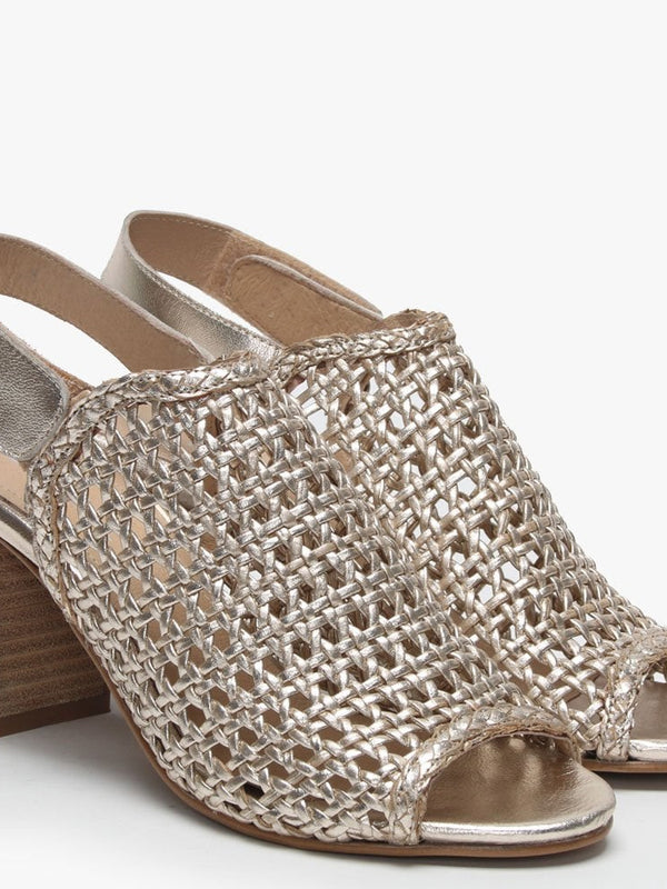 Zoina Gold Metallic Leather Woven Block Heel Sandals