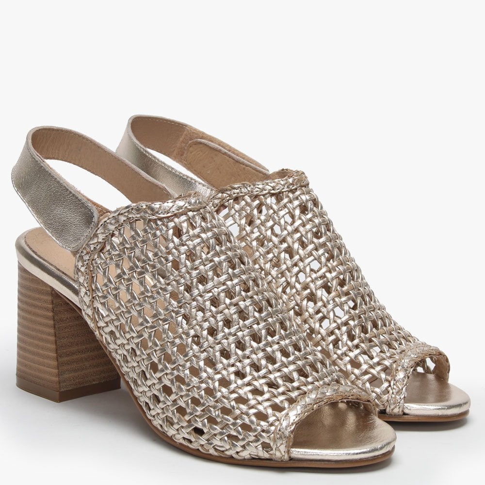 Zoina Gold Metallic Leather Woven Block Heel Sandals