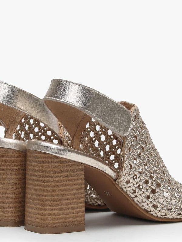 Zoina Gold Metallic Leather Woven Block Heel Sandals