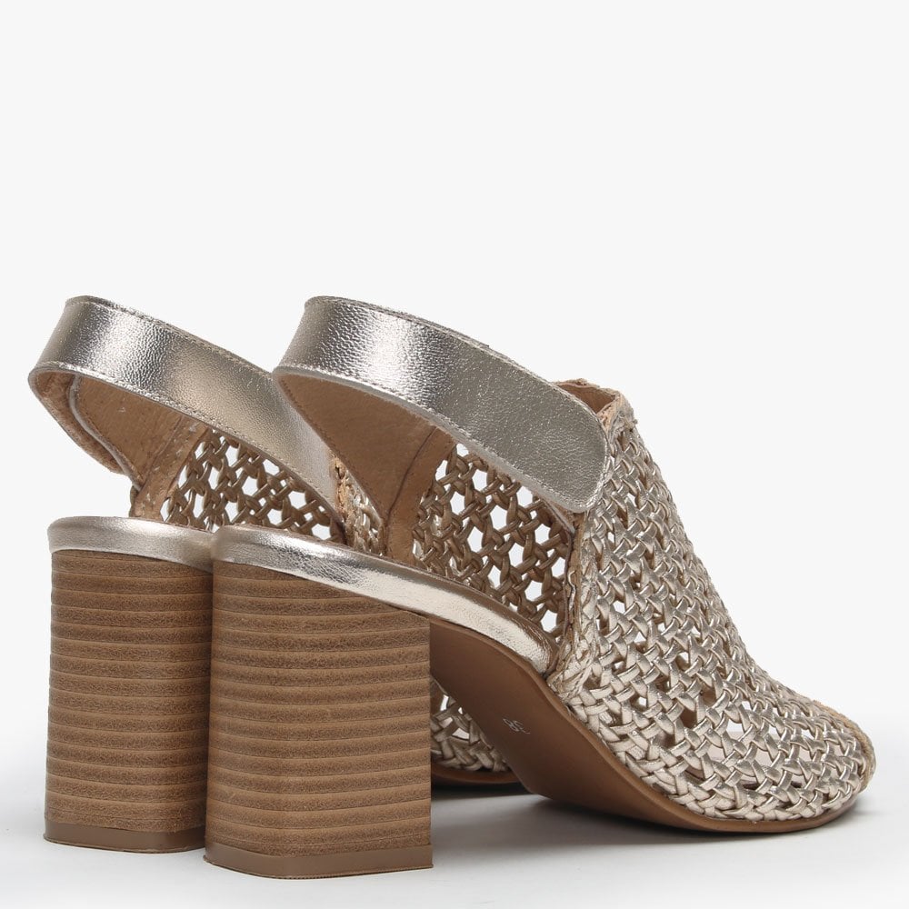 Zoina Gold Metallic Leather Woven Block Heel Sandals