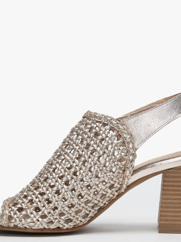 Zoina Gold Metallic Leather Woven Block Heel Sandals