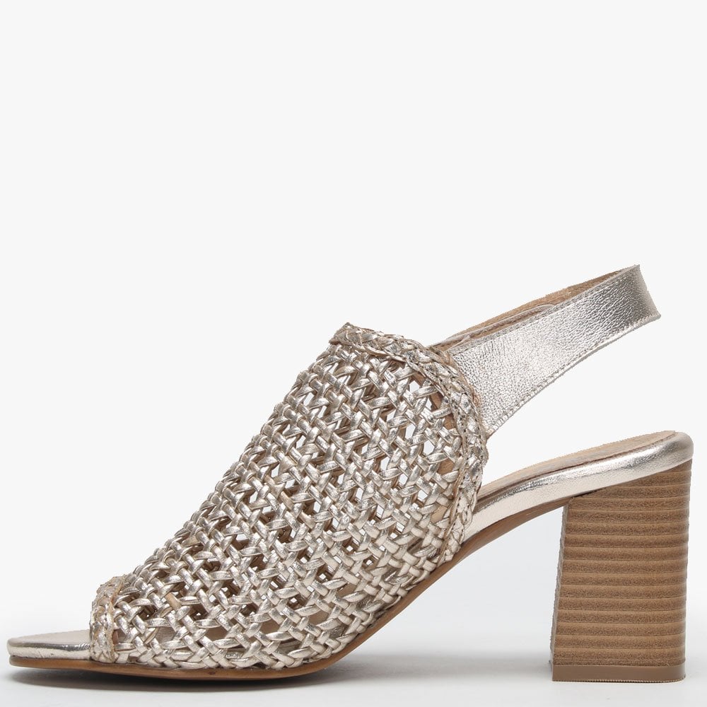 Zoina Gold Metallic Leather Woven Block Heel Sandals