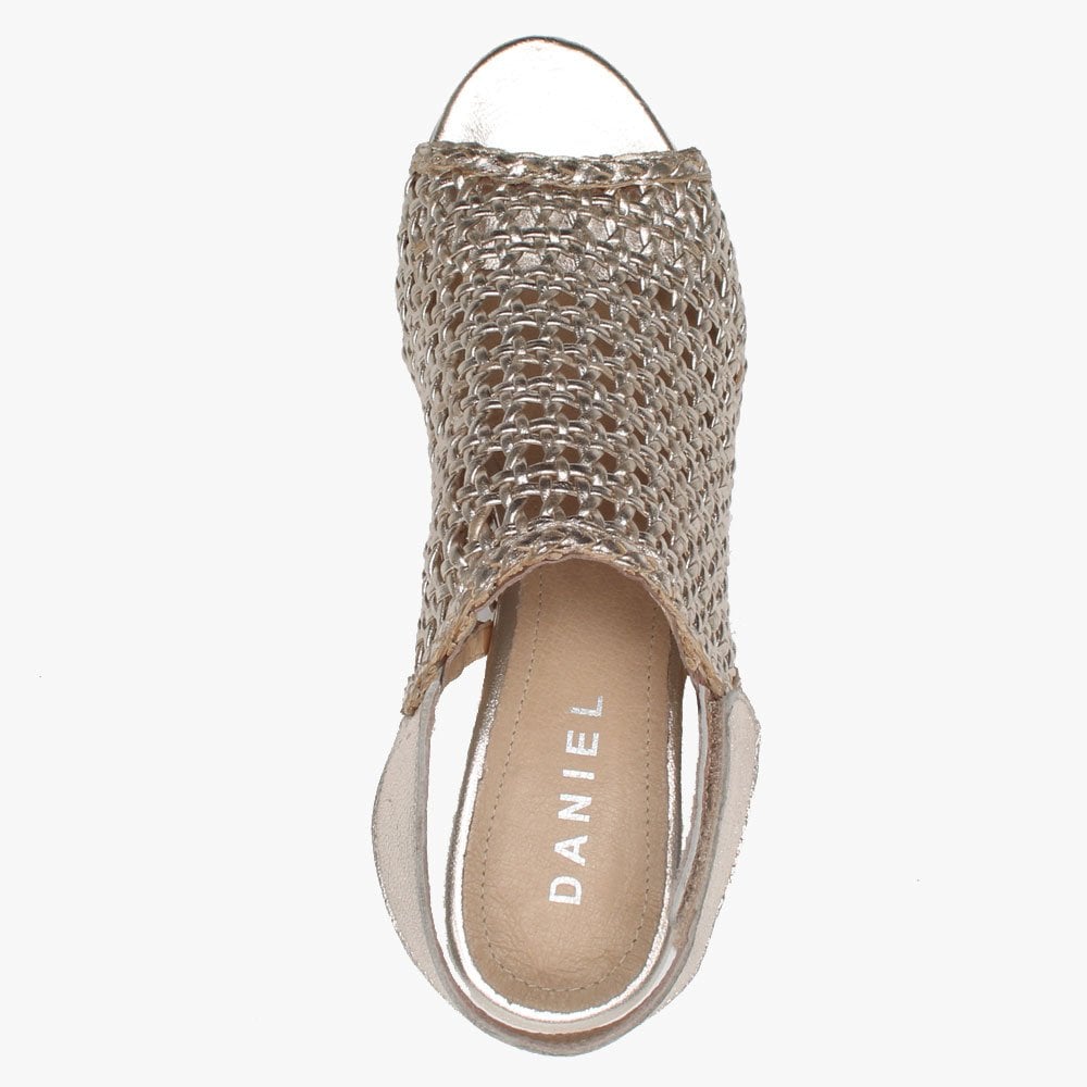 Zoina Gold Metallic Leather Woven Block Heel Sandals