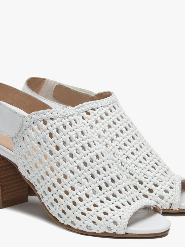 Zoina White Leather Woven Block Heel Sandals