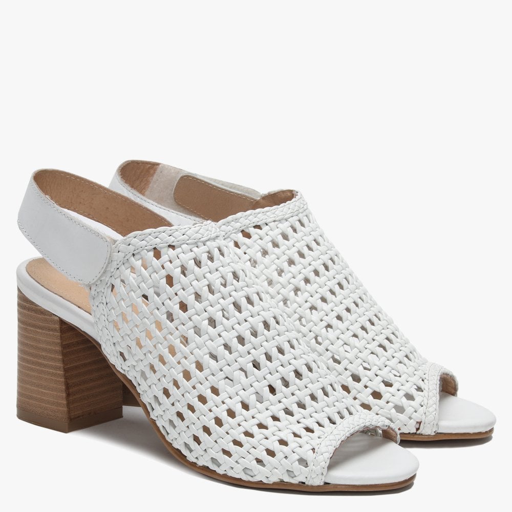 Zoina White Leather Woven Block Heel Sandals