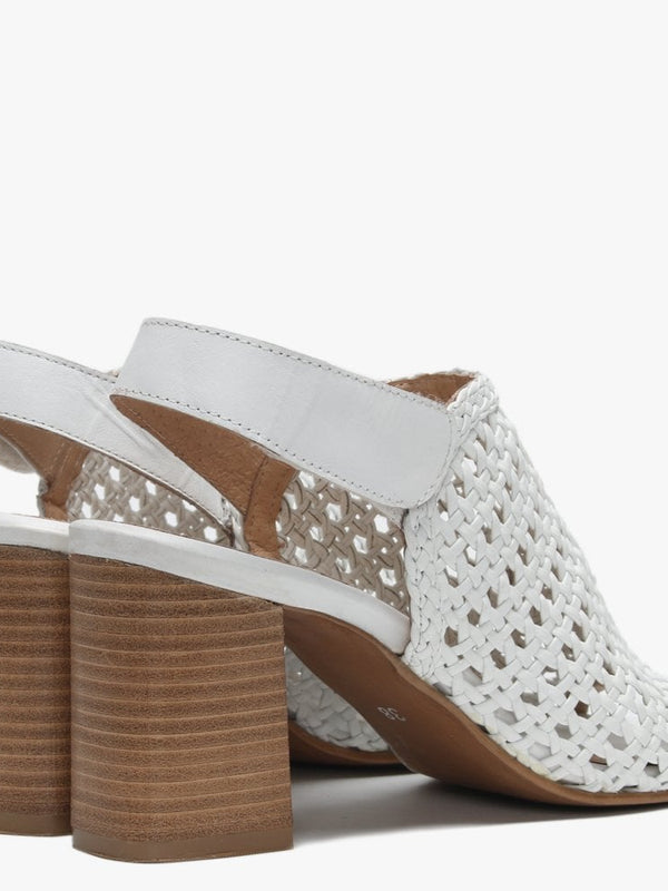 Zoina White Leather Woven Block Heel Sandals
