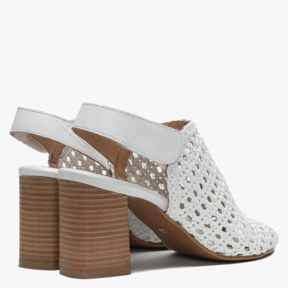 Zoina White Leather Woven Block Heel Sandals