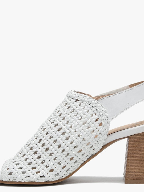 Zoina White Leather Woven Block Heel Sandals