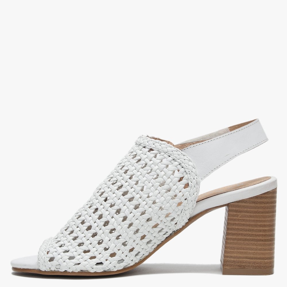 Zoina White Leather Woven Block Heel Sandals