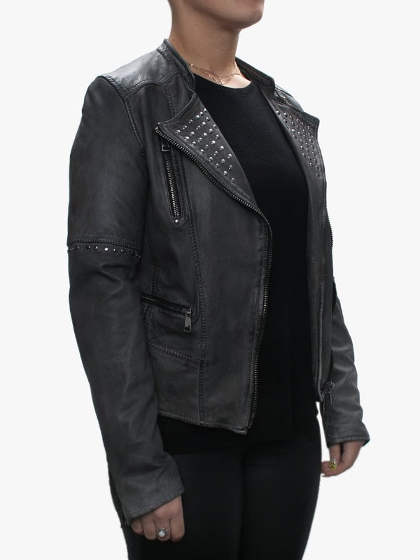 Alix Grey Leather Studded Biker Jacket