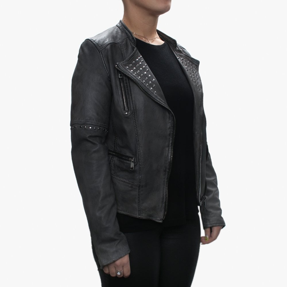Alix Grey Leather Studded Biker Jacket