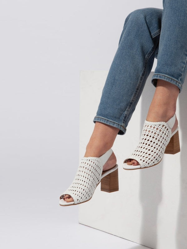 Zoina White Leather Woven Block Heel Sandals