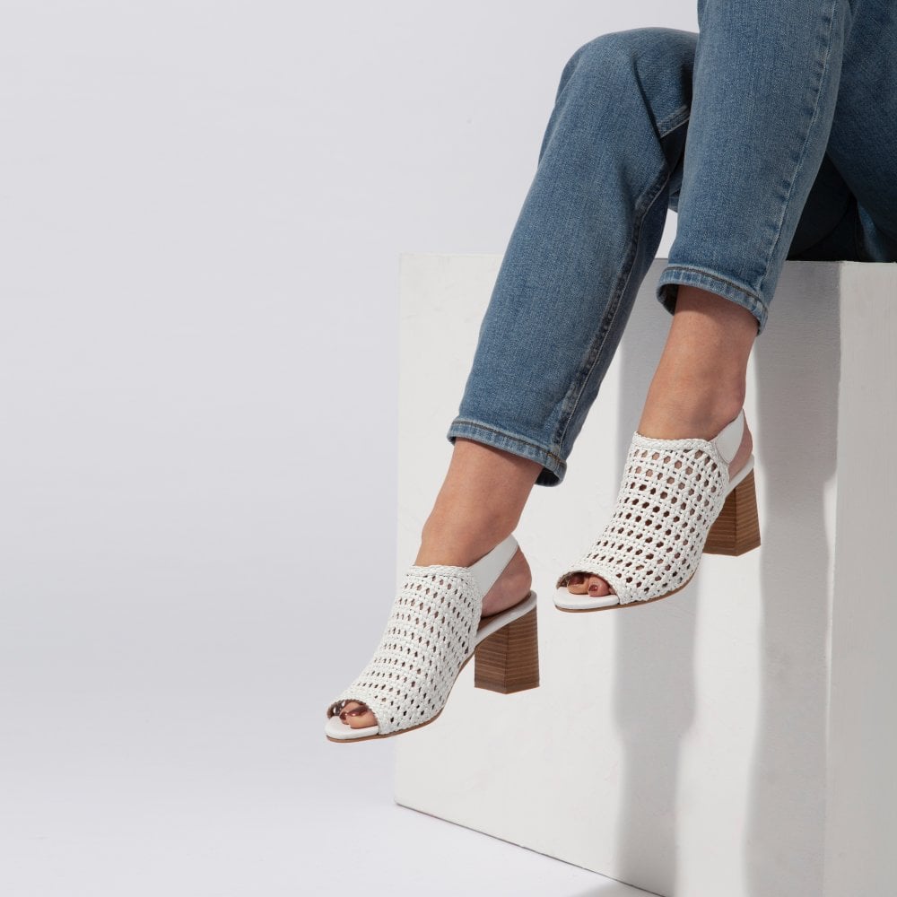 Zoina White Leather Woven Block Heel Sandals