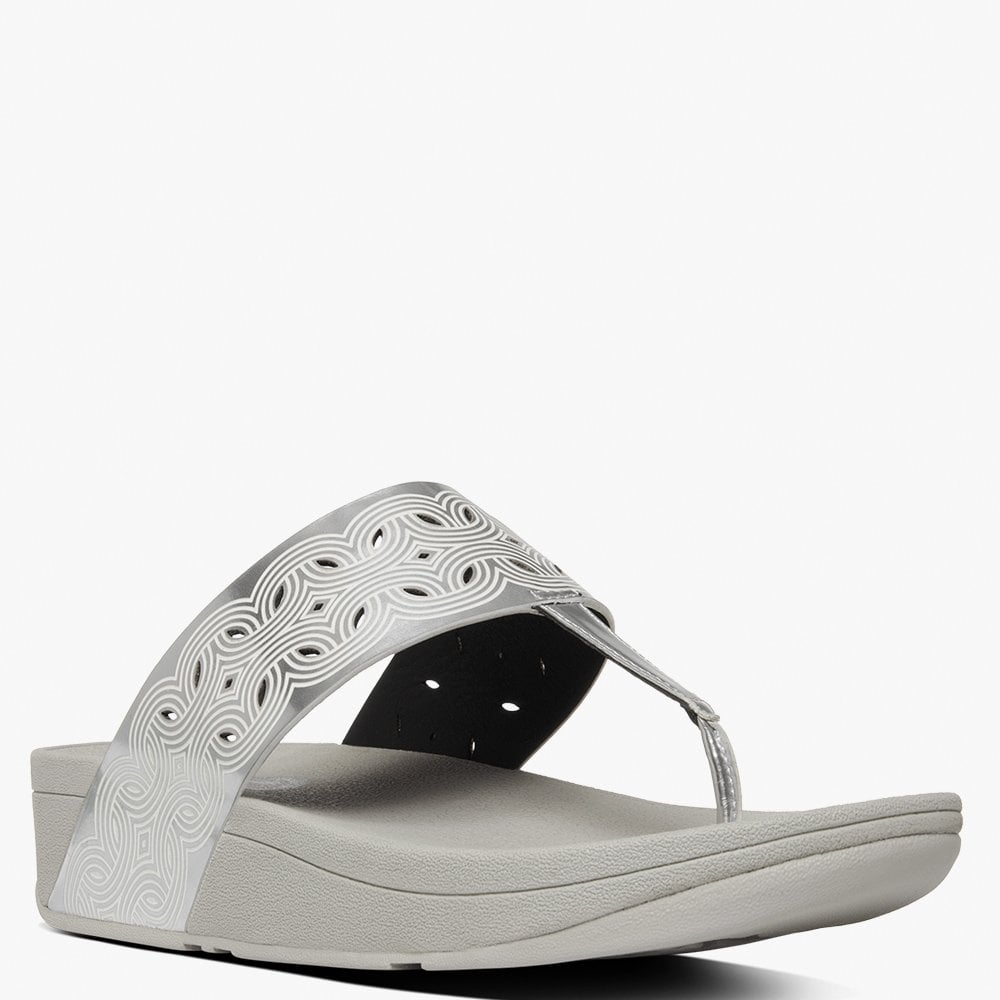 Bahia Silver Leather Laser Cut Toe Post Sandals