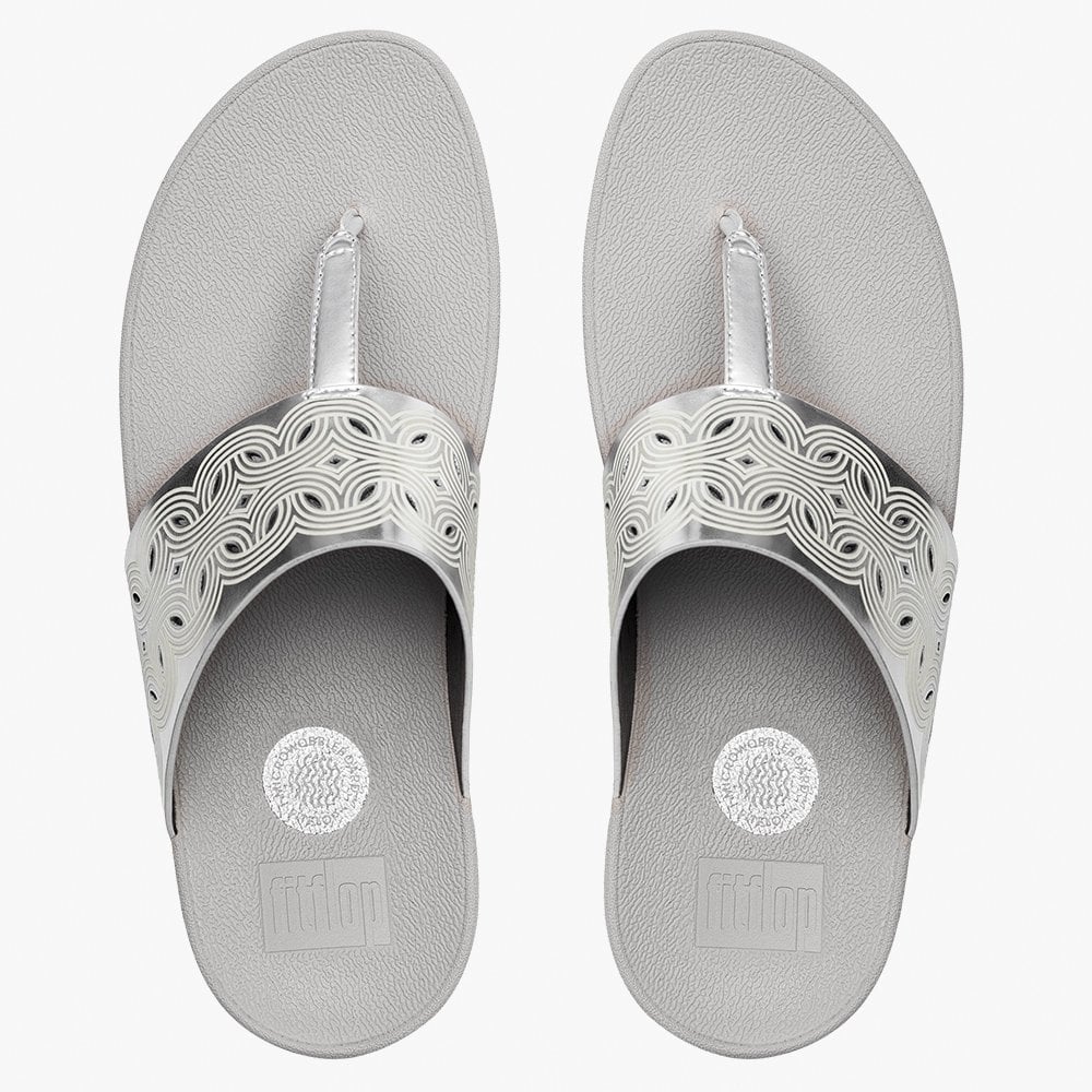 Bahia Silver Leather Laser Cut Toe Post Sandals