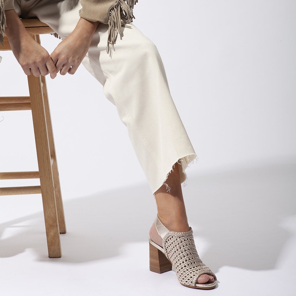 Zoina Gold Metallic Leather Woven Block Heel Sandals