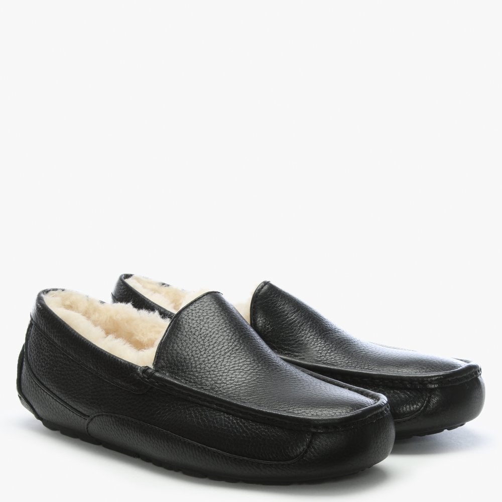 Men’s Ascot Black Leather Shearling Slippers