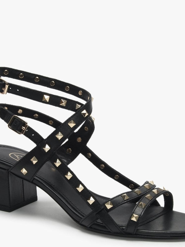 Iman Black Leather Studded Block Heel Sandals