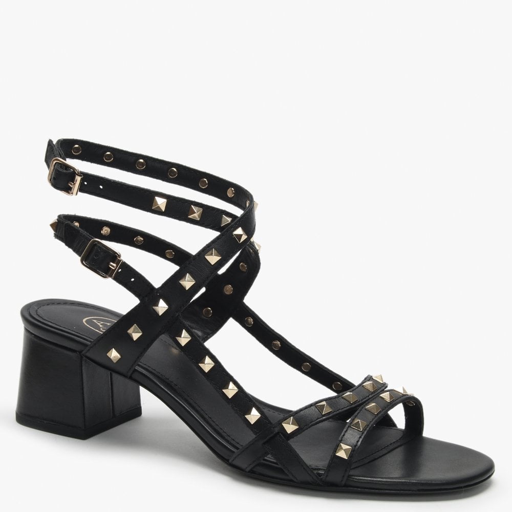 Iman Black Leather Studded Block Heel Sandals