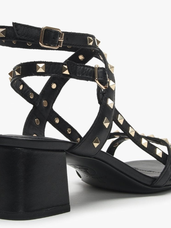 Iman Black Leather Studded Block Heel Sandals
