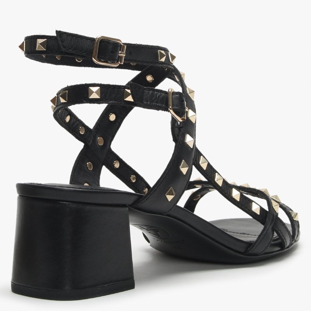 Iman Black Leather Studded Block Heel Sandals